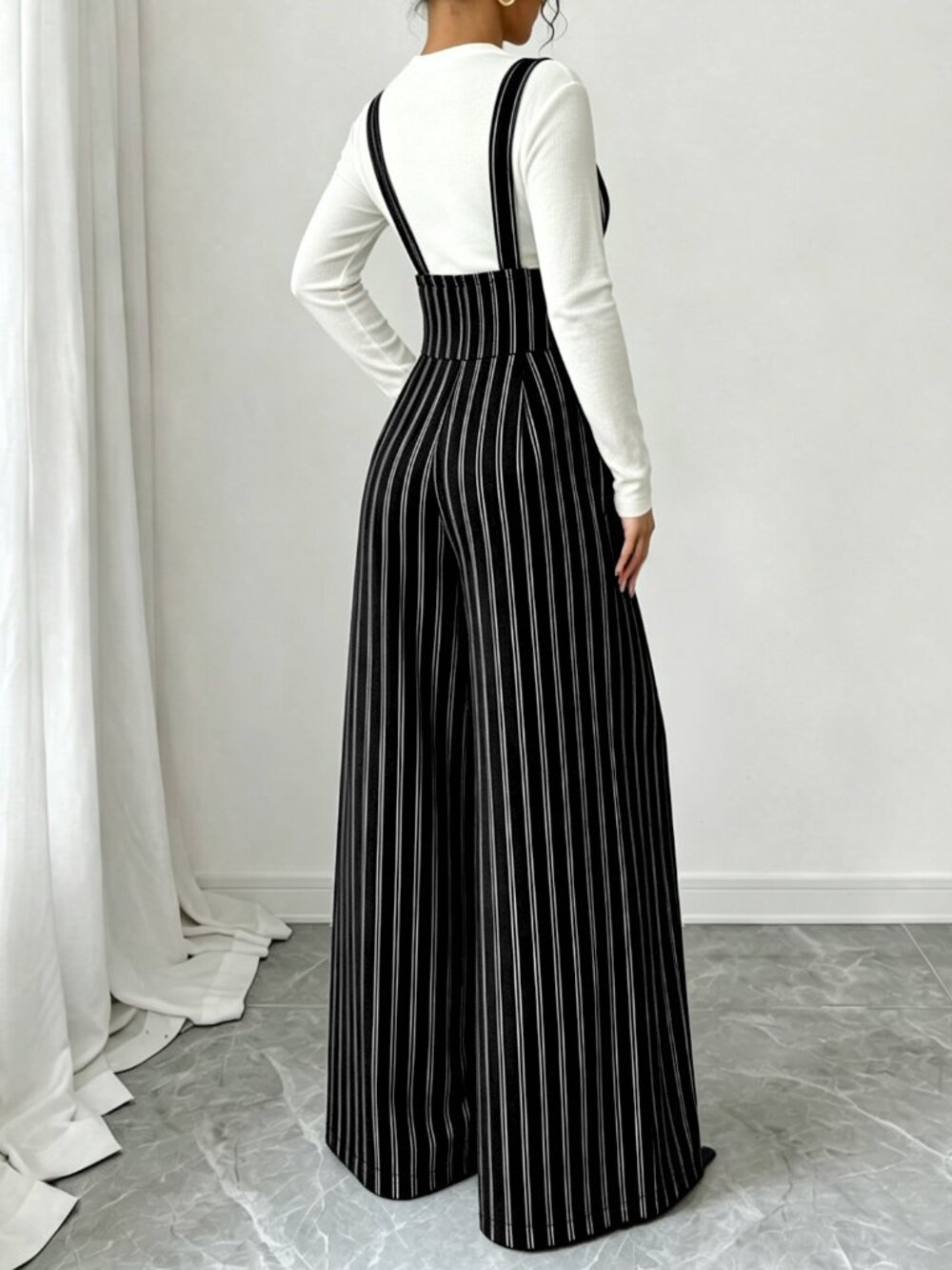 Black Elegant Women's Striped High Waist Loose Overall Pants - Picture 2 of 5
